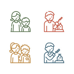 Child getting vaccine with parent in colorful line art icons  