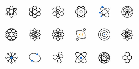 Dynamic collection of modern atom icons representing science, research, and innovation for educational and business projects