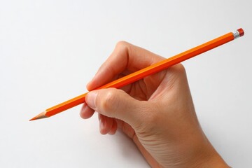 A hand holds a sharpened orange pencil against a white background