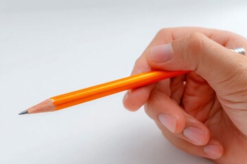 A hand holds an orange pencil against a white background