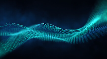 Abstract glowing blue and green digital wave of particles flowing across a dark background representing data or sound visualization