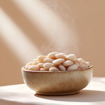 High-resolution advertising photo, close-up of glossy cooked white beans in a ceramic bowl with soft steam rising. Minimalist clean background, commercial-ready image for healthy food, vegan protein, 