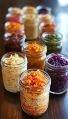 Assorted pickled vegetables in glass jars, showcasing colorful and vibrant preservation on a wooden table.