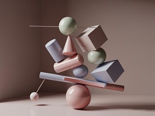 Precarious Pastel Geometric Balance - Cubes, Spheres, Cylinders Stacked in Muted Light, Minimalist 3D Render.
