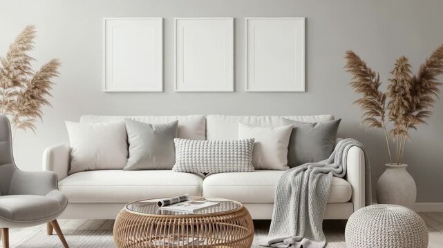 Modern living room design neutral tones cozy atmosphere pampas grass decor, 4k video footage