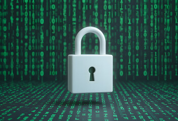 Digital data security padlock close up on green binary code background