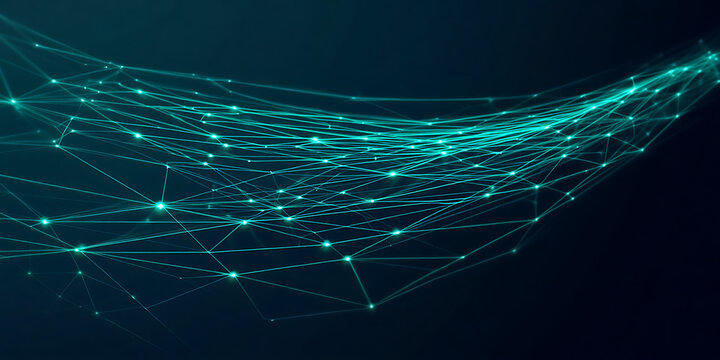 Abstract digital network of glowing green nodes and lines representing data flow and connectivity in a futuristic technological landscape