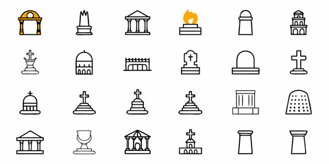 Collection of distinct monument and memorial icon set representing historical sites, religious symbols, and commemorative structures, perfect for educational or informational projects.