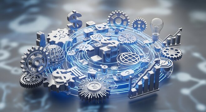 Abstract 3d render of gears, globe, and financial symbols with glowing network