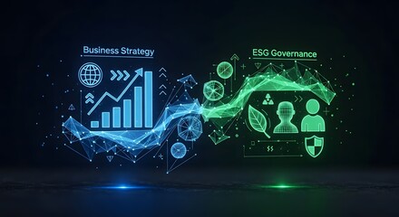 Digital visualization of business strategy and esg governance with interconnected data points and icons