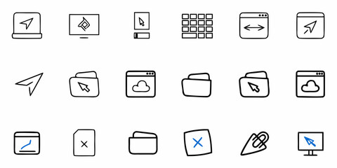 Dynamic collection of modern digital icons representing navigation, files, and technology, perfect for app interfaces and web design projects