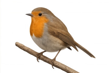 Fototapeta premium European robin perched on branch, looking left, with bright orange breast and transparent background