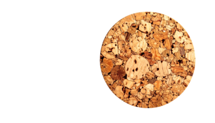 Detailed macro shot of a cork stopper, wood grain visible against black