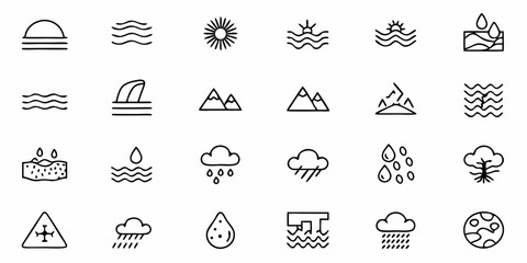Collection of hand-drawn nature and weather icons representing sun, waves, mountains, rain, clouds, water drops, land, and earth for environmental concepts and design projects.