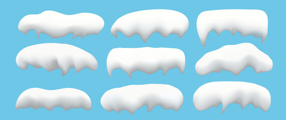 Set of white snow caps on a blue background. Realistic snow caps, drifts, snowball, icicles and snow piles. Winter elements for your creative design. Vector illustration. Eps 10