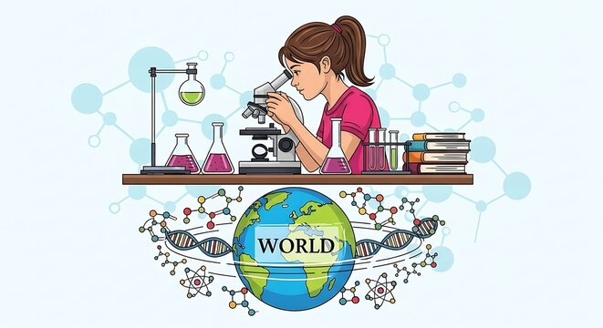 A young girl conducting a science experiment with a microscope and Earth globe illustration