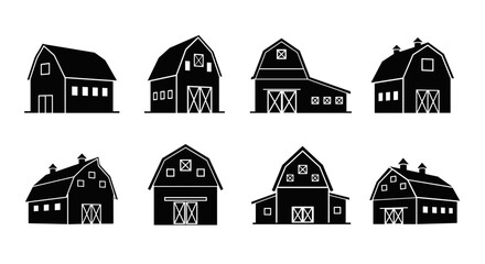A collection of stylized barn outlines showcasing various architectural designs and rooflines commonly found in agricultural settings.