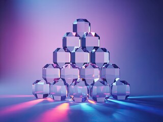 Vibrant Crystal Pyramid Stacked with Geometric Blocks, Illuminated by Neon Purple and Blue Light.