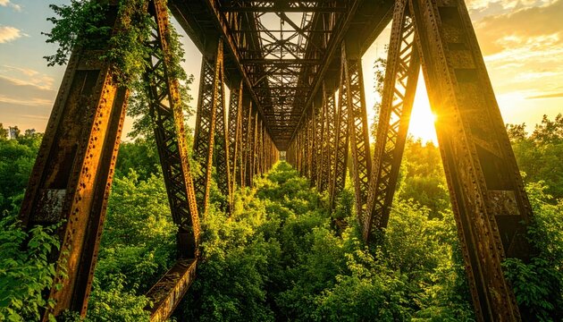 Abandoned rusty steel railway bridge overgrown with lush green vegetation, industrial structure reclaimed by nature, sun rays shining through metal beams at sunset 
 