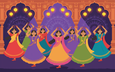 Obraz premium Indian women dancing in colorful dresses with lanterns