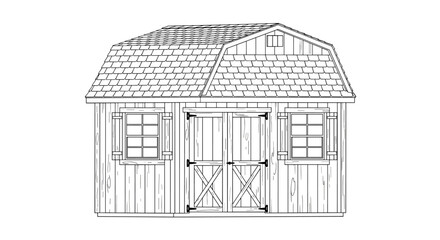 A charming gambrel roof storage shed with double doors and two windows.