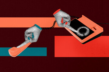 Image full pop trend collage of human hand hold telephone handset telemarketing call center...