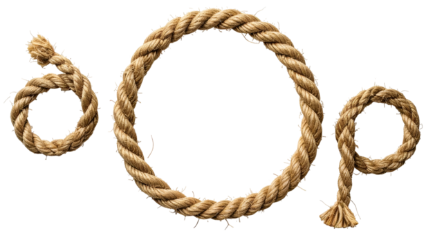 Three looped, coiled, brown ropes isolated on black, detailed texture