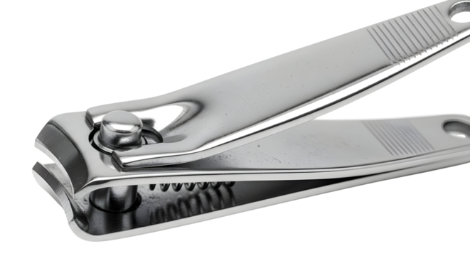 Standard stainless steel nail clipper used for personal care and manicure routines isolated PNG with Transparent Background