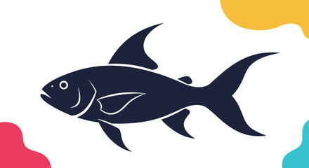 Obraz premium A dark blue fish with sharp fins swims gracefully against a white background with colorful abstract shapes.