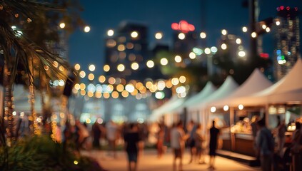Night festival scene with people enjoying music, tents, and lively bokeh atmosphere under glowing string lights