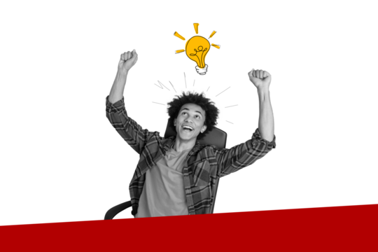 Composite photo collage of happy american man sit office chair light bulb finding concept development isolated on painted background - Powered by Adobe