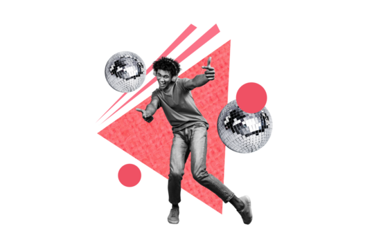 Composite photo collage of happy american guy dance weekend party occasion disco ball headphones music isolated on painted background