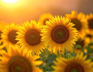 Close up of Yellow Sunflowers Blooming in Summer Field with Warm Sunlight and Blurred Background