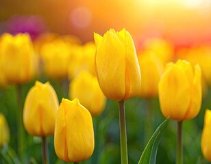 Close Up of Yellow Tulips with Dew Drops in Golden Sunlight and Soft Focus Green and Purple Background