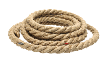 Coiled brown rope isolated on black background. Detailed close-up