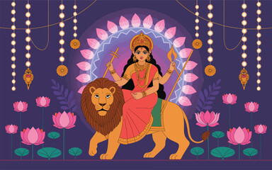 Goddess Durga riding a lion with lotus flowers and lights