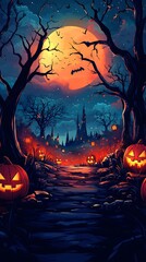 Spooky Halloween night with glowing jack-o'-lanterns, haunted castle, and a giant full moon with bats flying in dark sky