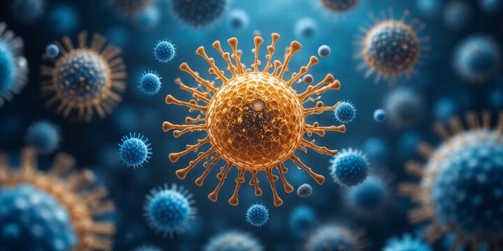 An artistic rendering of a virus within a vibrant immune system response, showcasing intricate cellular interactions and vivid colors.