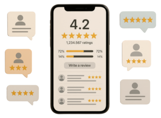 Smartphone displaying customer ratings and reviews with star feedback bubbles mobile phone application isolated on a transparent background