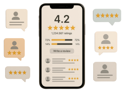 Smartphone displaying customer ratings and reviews with star feedback bubbles mobile phone application isolated on a transparent background