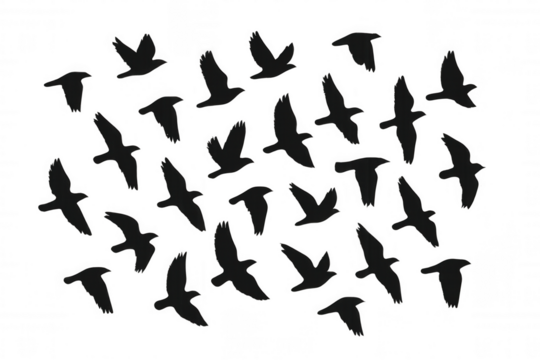 Bird flock flying silhouette on transparent background, symbolizing freedom, migration, and teamwork