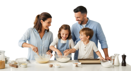 Happy family moments in the kitchen, a mother gently uses a whisk while children learn to bake, creating lasting memories and shared joy