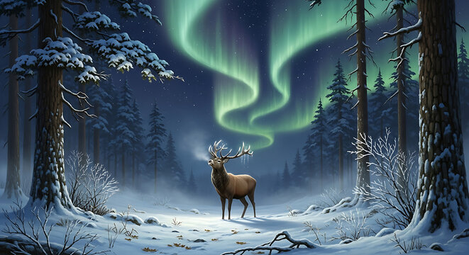 An enchanted forest clearing under a starry winter night sky. A majestic stag stands silently among the snow-dusted pine trees, looking up at the shimmering aurora borealis. Ethereal, magical, fantasy