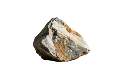 Angular, weathered rock fragment with gray and orange hues, isolated