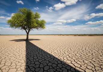 Lone tree stands resiliently in a vast cracked dry earth under a cloudy sky