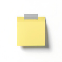 Describes a yellow sticky note paper with gray tape at the top, featuring a soft shadow against a white background in a minimal and clean design with a realistic style