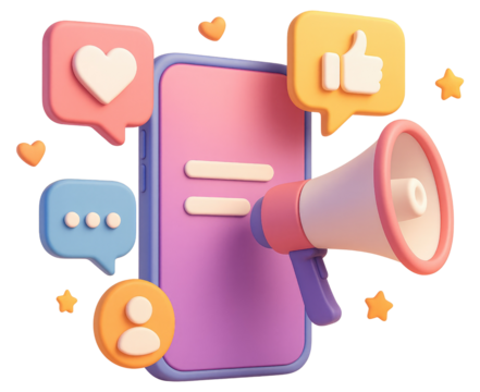 Smartphone with Social Media Icons and Megaphone for Digital Marketing mobile phone isolated on a transparent background