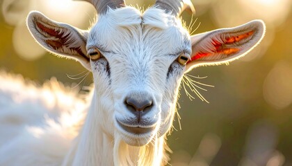 Close Up Portrait of White Goat with Curving Horns in Golden Light