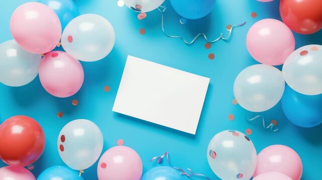 Festive Balloons Blank Card Blue Background Party Celebration, 4k video footage