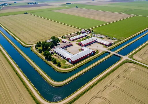 Sustainable Farming: Aerial View of Fertile Agricultural Land and Waterways for Crop Production and Water Management in Rural America, Promoting Environmental Stewardship